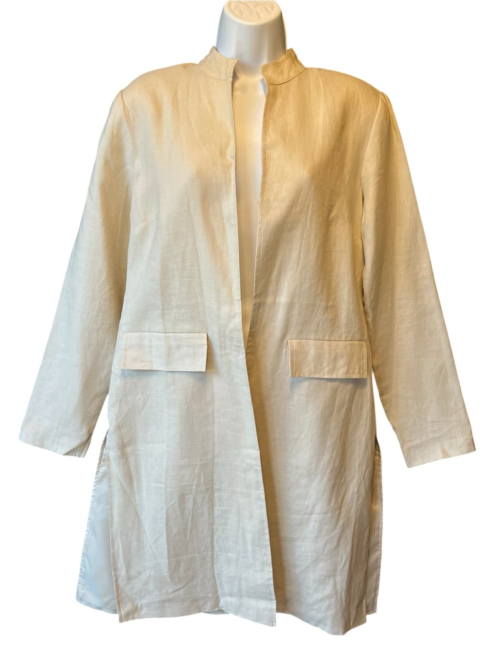 JG Hook 100% Linen Jacket Sz 6 Long duster Cream Ivory Open front Lightweight